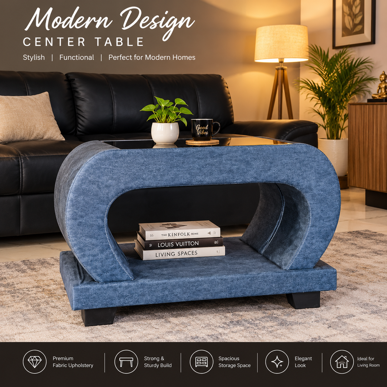 Modern Curved Fabric Upholstered Center Table / Coffee Table for Living Room
